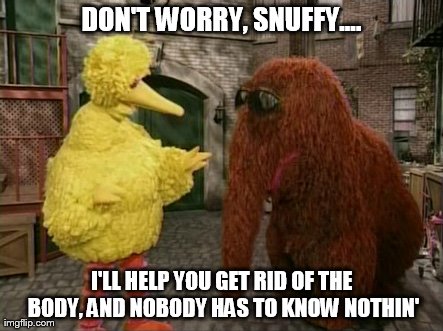Big Bird And Snuffy Meme | DON'T WORRY, SNUFFY.... I'LL HELP YOU GET RID OF THE BODY, AND NOBODY HAS TO KNOW NOTHIN' | image tagged in memes,big bird and snuffy | made w/ Imgflip meme maker