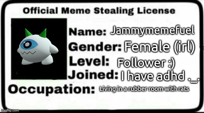 hehe | Jammymemefuel; Female (irl); Follower :); I have adhd ._. Living in a rubber room with rats | image tagged in meme stealing license | made w/ Imgflip meme maker