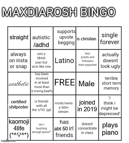 run up ma bingo | image tagged in new maxdiarosh bingo | made w/ Imgflip meme maker