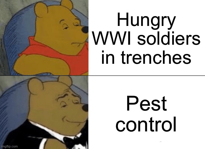 Tuxedo Winnie The Pooh Meme | Hungry WWI soldiers in trenches; Pest control | image tagged in memes,tuxedo winnie the pooh,lol,soldier,soldiers,food | made w/ Imgflip meme maker