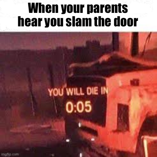 When you close the door a lil bit too hard | When your parents hear you slam the door | image tagged in you will die in 0 05 | made w/ Imgflip meme maker