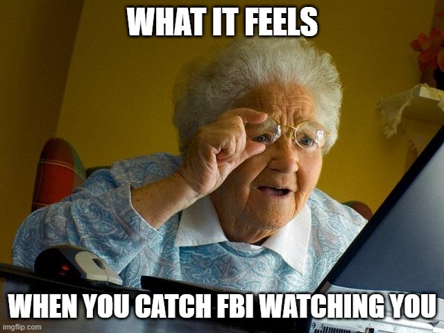 Grandma Finds The Internet Meme | WHAT IT FEELS; WHEN YOU CATCH FBI WATCHING YOU | image tagged in memes,grandma finds the internet | made w/ Imgflip meme maker