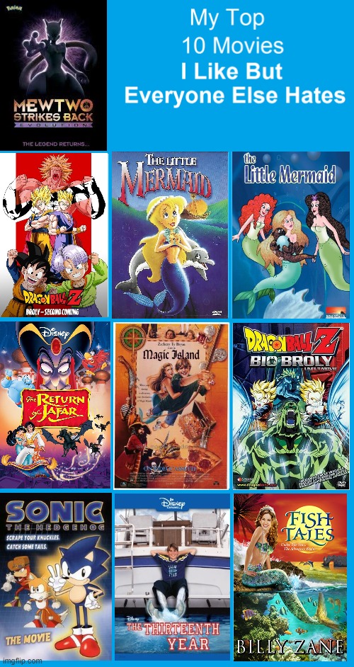 top 10 movies i like but everyone else hates | image tagged in top 10,movies,like,i will offend everyone,mermaid,dragon ball z | made w/ Imgflip meme maker