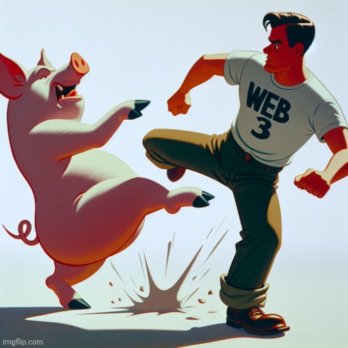 Pig kicking a man with a t-shirt on saying "web 3" | image tagged in pig kicking a man with a t-shirt on saying web 3 | made w/ Imgflip meme maker