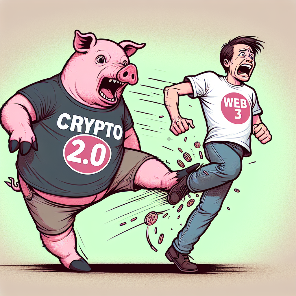 Pig with a t-shirt on saying "Crypto 2.0" kicking a scared man w Blank Meme Template
