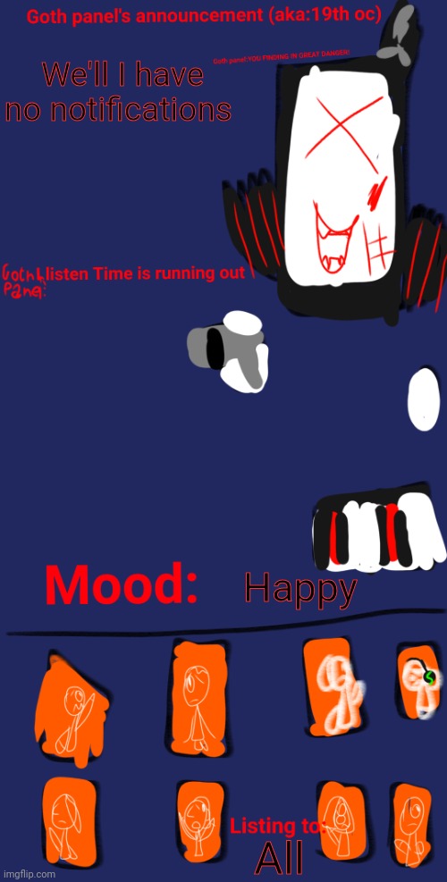 Yay that's my lucky day | We'll I have no notifications; Happy; All | image tagged in goth panel's announcement aka 19th oc | made w/ Imgflip meme maker