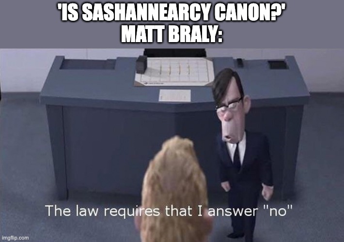 The law requires I answer “no” | 'IS SASHANNEARCY CANON?'
MATT BRALY: | image tagged in the law requires i answer no,amphibia | made w/ Imgflip meme maker