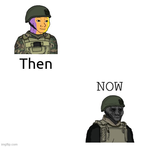 J. Arnold Davis, Then vs Now | Then; NOW | image tagged in wojak,oc,soldier,then vs now,eroican | made w/ Imgflip meme maker