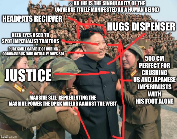 Kim Jong Un | HEADPATS RECIEVER HUGS DISPENSER KEEN EYES USED TO SPOT IMPERIALIST TRAITORS PURE SMILE CAPABLE OF CURING CORONAVIRUS (AND ACTUALLY DOES SO) | image tagged in kim jong un | made w/ Imgflip meme maker