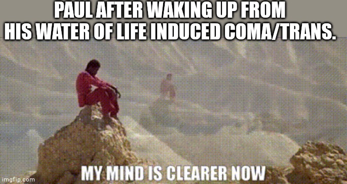Paul Muad'Dib Superstar | PAUL AFTER WAKING UP FROM HIS WATER OF LIFE INDUCED COMA/TRANS. | image tagged in dune | made w/ Imgflip meme maker