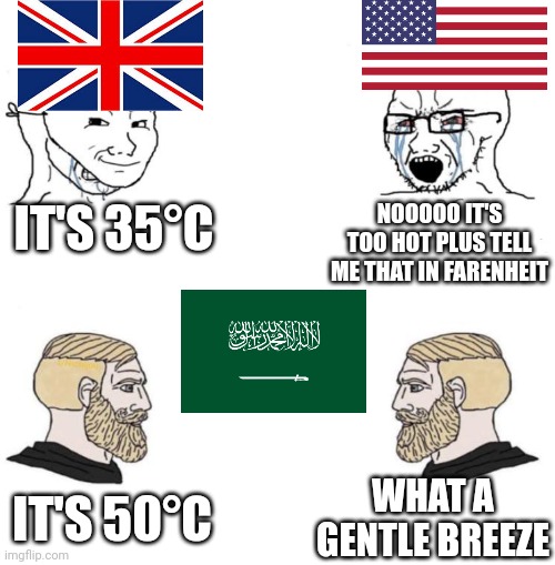 Countries when Summer | NOOOOO IT'S TOO HOT PLUS TELL ME THAT IN FARENHEIT; IT'S 35°C; WHAT A GENTLE BREEZE; IT'S 50°C | image tagged in chad we know | made w/ Imgflip meme maker