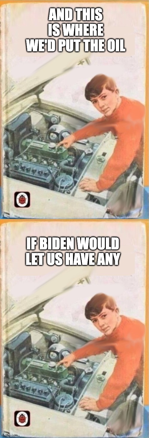 Car Talk | AND THIS IS WHERE WE'D PUT THE OIL; IF BIDEN WOULD LET US HAVE ANY | image tagged in click and clack,tappet brothers | made w/ Imgflip meme maker