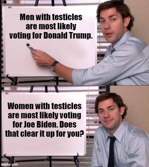 Who votes for Whom? | Men with testicles are most likely voting for Donald Trump. Women with testicles are most likely voting for Joe Biden. Does that clear it up for you? | image tagged in trans truth,testicle voting,election politics | made w/ Imgflip meme maker