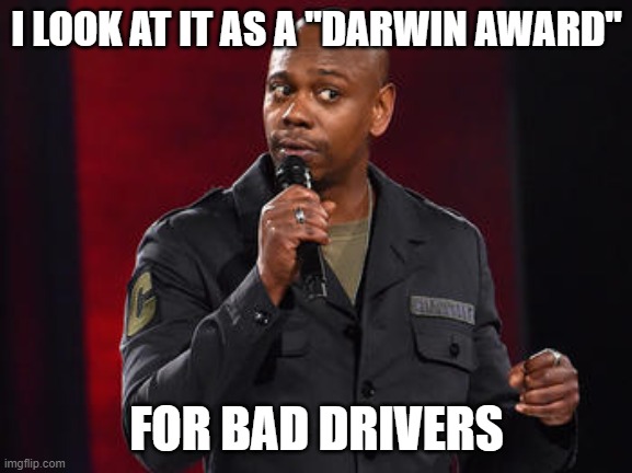 Dave Chappelle | I LOOK AT IT AS A "DARWIN AWARD" FOR BAD DRIVERS | image tagged in dave chappelle | made w/ Imgflip meme maker