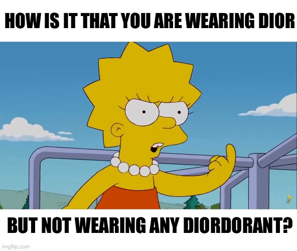With your funky underarms… | HOW IS IT THAT YOU ARE WEARING DIOR; BUT NOT WEARING ANY DIORDORANT? | image tagged in lisa simpson,stink,deodorant,skunk,funky | made w/ Imgflip meme maker