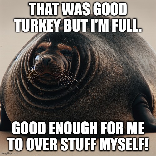 Chonky  seal | THAT WAS GOOD TURKEY BUT I'M FULL. GOOD ENOUGH FOR ME TO OVER STUFF MYSELF! | image tagged in chubby,cute | made w/ Imgflip meme maker