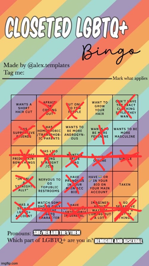 ...yay | SHE/HER AND THEY/THEM; DEMIGIRL AND BISEXUAL | image tagged in closeted lgbtq bingo | made w/ Imgflip meme maker