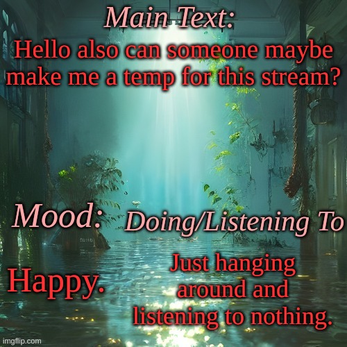 Cakedoctor's template. | Hello also can someone maybe make me a temp for this stream? Happy. Just hanging around and listening to nothing. | image tagged in cakedoctor's template | made w/ Imgflip meme maker