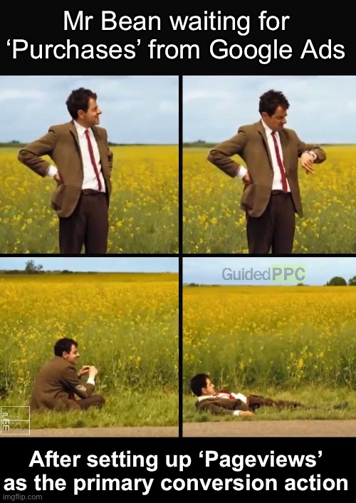 Mr Bean Waiting for Google Ads Conversions Meme | Mr Bean waiting for ‘Purchases’ from Google Ads; After setting up ‘Pageviews’ as the primary conversion action | image tagged in mr bean waiting,mr bean,google ads,memes | made w/ Imgflip meme maker