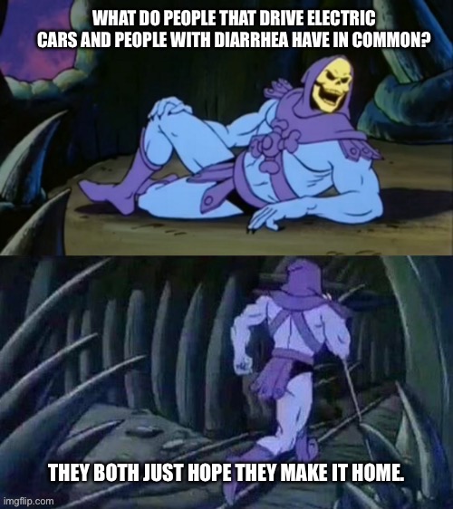 Wishing is not a strategy. | WHAT DO PEOPLE THAT DRIVE ELECTRIC CARS AND PEOPLE WITH DIARRHEA HAVE IN COMMON? THEY BOTH JUST HOPE THEY MAKE IT HOME. | image tagged in skeletor disturbing facts,electric,car,diarrhea,hope | made w/ Imgflip meme maker