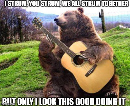 bear with guitar  | I STRUM, YOU STRUM, WE ALL STRUM TOGETHER; BUT ONLY I LOOK THIS GOOD DOING IT | image tagged in bear with guitar,guitar hero | made w/ Imgflip meme maker