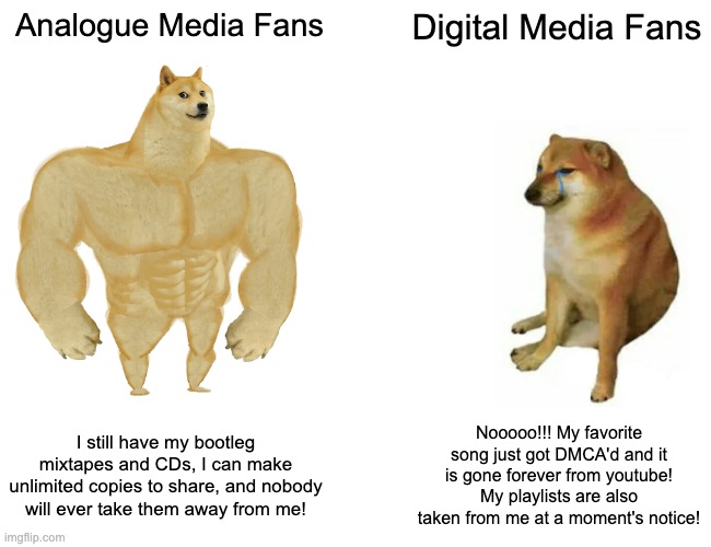 Buff Doge vs. Cheems | Analogue Media Fans; Digital Media Fans; I still have my bootleg mixtapes and CDs, I can make unlimited copies to share, and nobody will ever take them away from me! Nooooo!!! My favorite song just got DMCA'd and it is gone forever from youtube! My playlists are also taken from me at a moment's notice! | image tagged in memes,buff doge vs cheems,analogue,digital,traditionalist,music | made w/ Imgflip meme maker