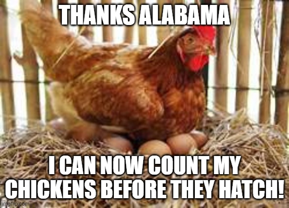 Alabama IVF ruling | THANKS ALABAMA; I CAN NOW COUNT MY CHICKENS BEFORE THEY HATCH! | image tagged in alabama,women's rights | made w/ Imgflip meme maker