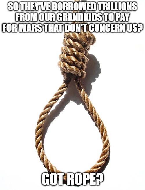 Hang rope | SO THEY'VE BORROWED TRILLIONS FROM OUR GRANDKIDS TO PAY FOR WARS THAT DON'T CONCERN US? GOT ROPE? | image tagged in hang rope | made w/ Imgflip meme maker