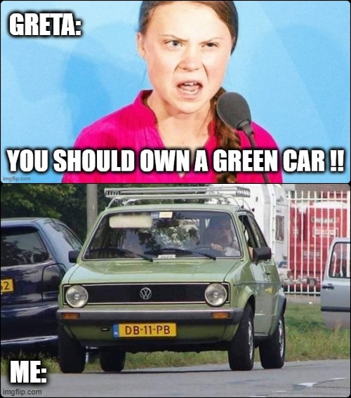 You should own a green car | GRETA:; ME: | image tagged in greta,green car,vw golf,green car owner,you should own a green car,angry greta | made w/ Imgflip meme maker