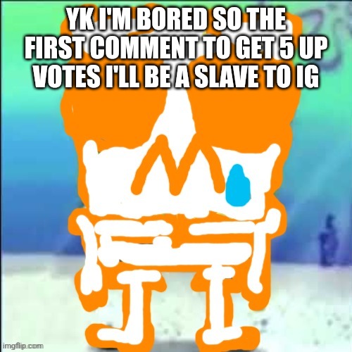 Idfk | YK I'M BORED SO THE FIRST COMMENT TO GET 5 UP VOTES I'LL BE A SLAVE TO IG | image tagged in zad sponchgoob | made w/ Imgflip meme maker