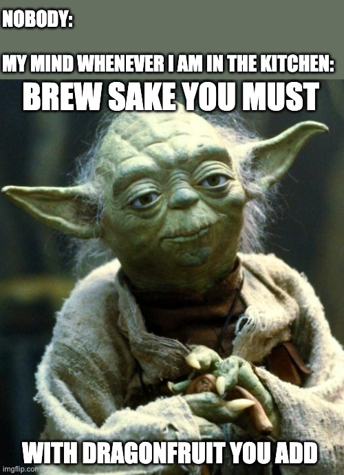 Star Wars Yoda Meme | NOBODY:
 
MY MIND WHENEVER I AM IN THE KITCHEN:; BREW SAKE YOU MUST; WITH DRAGONFRUIT YOU ADD | image tagged in memes,star wars yoda,sake,brewing,rice,homebrewing | made w/ Imgflip meme maker