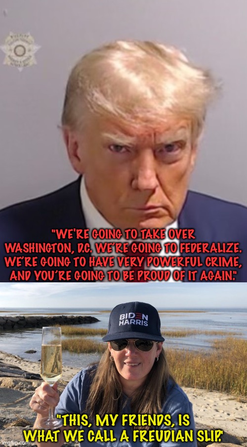 Thinking the bad part out loud | "WE'RE GOING TO TAKE OVER WASHINGTON, D.C. WE’RE GOING TO FEDERALIZE. WE’RE GOING TO HAVE VERY POWERFUL CRIME, AND YOU’RE GOING TO BE PROUD OF IT AGAIN."; "THIS, MY FRIENDS, IS WHAT WE CALL A FREUDIAN SLIP." | image tagged in donald trump mugshot,mary trump biden harris | made w/ Imgflip meme maker