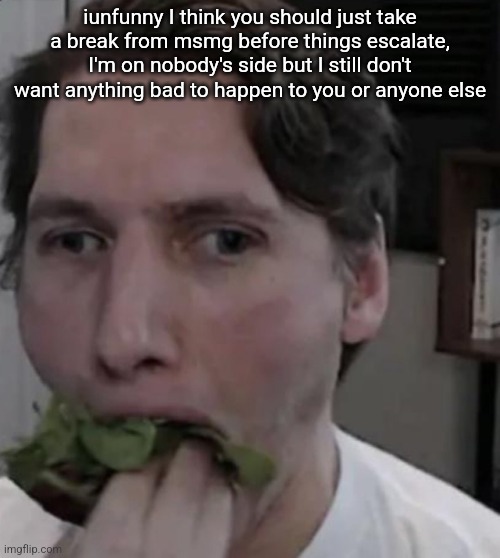 Jerma eating Lettuce | iunfunny I think you should just take a break from msmg before things escalate, I'm on nobody's side but I still don't want anything bad to happen to you or anyone else | image tagged in jerma eating lettuce | made w/ Imgflip meme maker