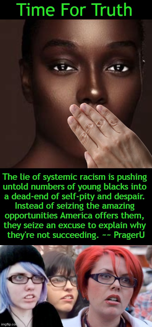 Systemic Racism | Time For Truth; The lie of systemic racism is pushing 
untold numbers of young blacks into 
a dead-end of self-pity and despair. 
Instead of seizing the amazing 
opportunities America offers them, 
they seize an excuse to explain why 
they're not succeeding. ~~ PragerU | image tagged in politics,systemic racism,where's the beef,the truth,victims not victors,political humor | made w/ Imgflip meme maker