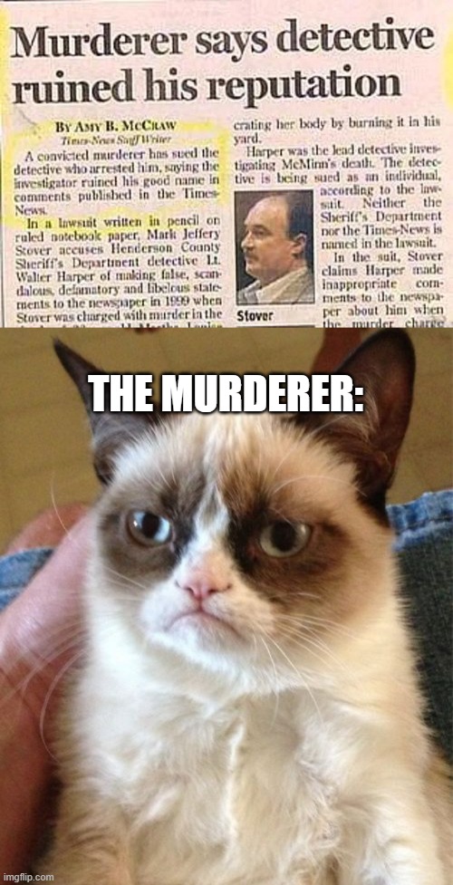 Stupid news 12 | THE MURDERER: | image tagged in memes,grumpy cat,stupid news,you had one job | made w/ Imgflip meme maker