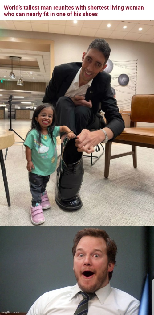 World's tallest man and shortest woman | image tagged in wow face,tallest,shortest,shoes,shoe,memes | made w/ Imgflip meme maker
