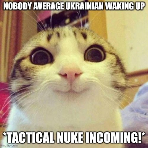 every day it happens | NOBODY AVERAGE UKRAINIAN WAKING UP; *TACTICAL NUKE INCOMING!* | image tagged in memes,smiling cat,russo-ukrainian war,nuke | made w/ Imgflip meme maker