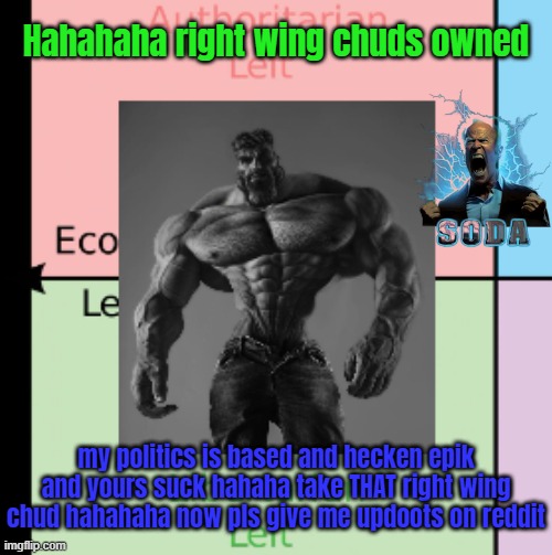 Hahahaha right wing chuds owned; my politics is based and hecken epik and yours suck hahaha take THAT right wing chud hahahaha now pls give me updoots on reddit | made w/ Imgflip meme maker