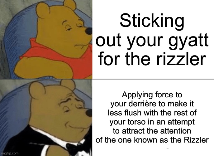 Tuxedo Winnie The Pooh Meme | Sticking out your gyatt for the rizzler; Applying force to your derrière to make it less flush with the rest of your torso in an attempt to attract the attention of the one known as the Rizzler | image tagged in memes,tuxedo winnie the pooh | made w/ Imgflip meme maker