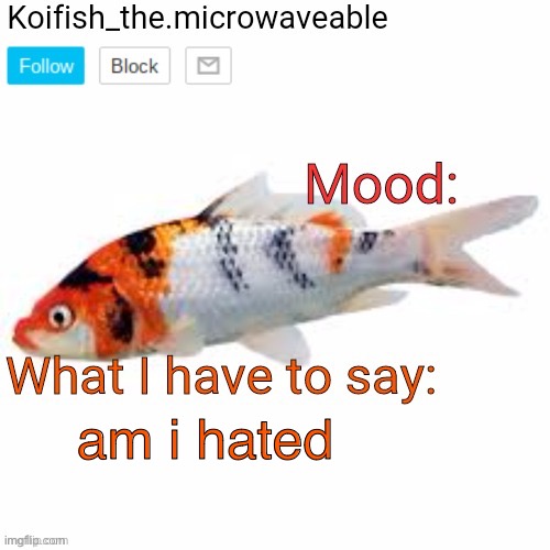 Koifish_the.microwaveable announcement | am i hated | image tagged in koifish_the microwaveable announcement | made w/ Imgflip meme maker