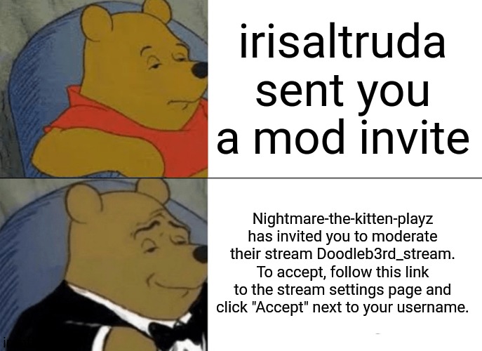 IRISALTRUDA... WHY? | irisaltruda sent you a mod invite; Nightmare-the-kitten-playz has invited you to moderate their stream Doodleb3rd_stream. To accept, follow this link to the stream settings page and click "Accept" next to your username. | image tagged in memes,tuxedo winnie the pooh | made w/ Imgflip meme maker