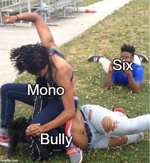 Bullies Suck | Six; Mono; Bully | image tagged in guy recording a fight | made w/ Imgflip meme maker