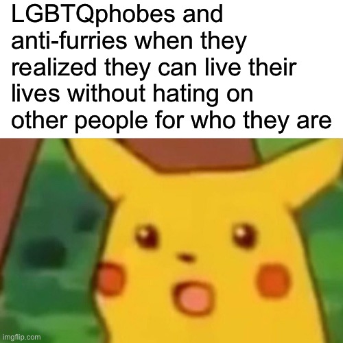 Surprised Pikachu | LGBTQphobes and anti-furries when they realized they can live their lives without hating on other people for who they are | image tagged in memes,surprised pikachu | made w/ Imgflip meme maker