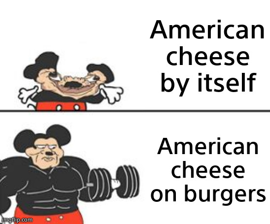 American cheese is nothing without burgers smh | American cheese by itself; American cheese on burgers | image tagged in buff mokey,memes,funny,burgers,cheese | made w/ Imgflip meme maker