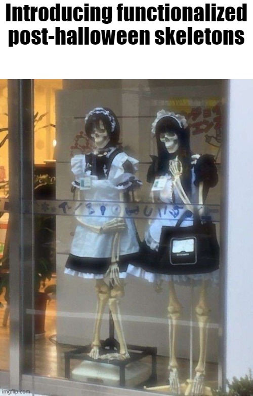 MY EYES!!!!!! | Introducing functionalized post-halloween skeletons | image tagged in cursed image,skeleton,maid | made w/ Imgflip meme maker