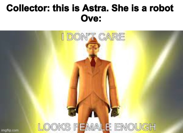 looks female enough | Collector: this is Astra. She is a robot 
Ove: | image tagged in looks female enough | made w/ Imgflip meme maker