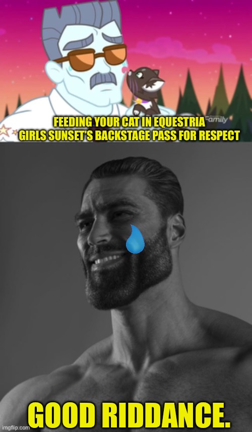 Respect of MLP EG cat | FEEDING YOUR CAT IN EQUESTRIA GIRLS SUNSET’S BACKSTAGE PASS FOR RESPECT; GOOD RIDDANCE. | image tagged in giga chad,my little pony,memes,cat,cute cat | made w/ Imgflip meme maker
