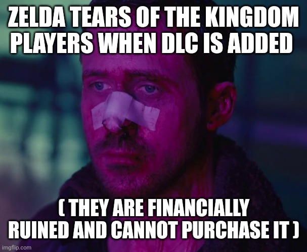 Sad Ryan Gosling | ZELDA TEARS OF THE KINGDOM PLAYERS WHEN DLC IS ADDED; ( THEY ARE FINANCIALLY RUINED AND CANNOT PURCHASE IT ) | image tagged in sad ryan gosling | made w/ Imgflip meme maker