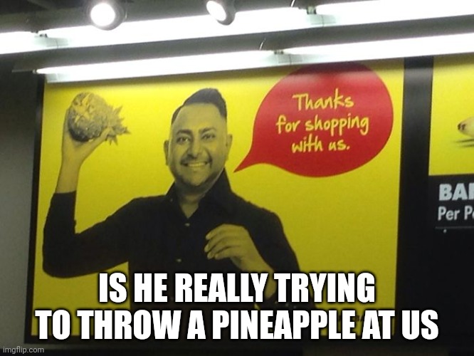 I'm just not going to ask.... | IS HE REALLY TRYING TO THROW A PINEAPPLE AT US | image tagged in pineapple guy | made w/ Imgflip meme maker