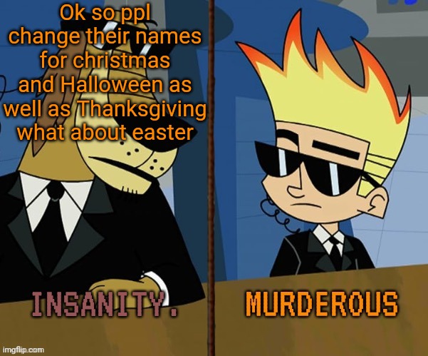 What are yall gonna change it to | Ok so ppl change their names for christmas and Halloween as well as Thanksgiving what about easter | image tagged in insanity and murderous | made w/ Imgflip meme maker